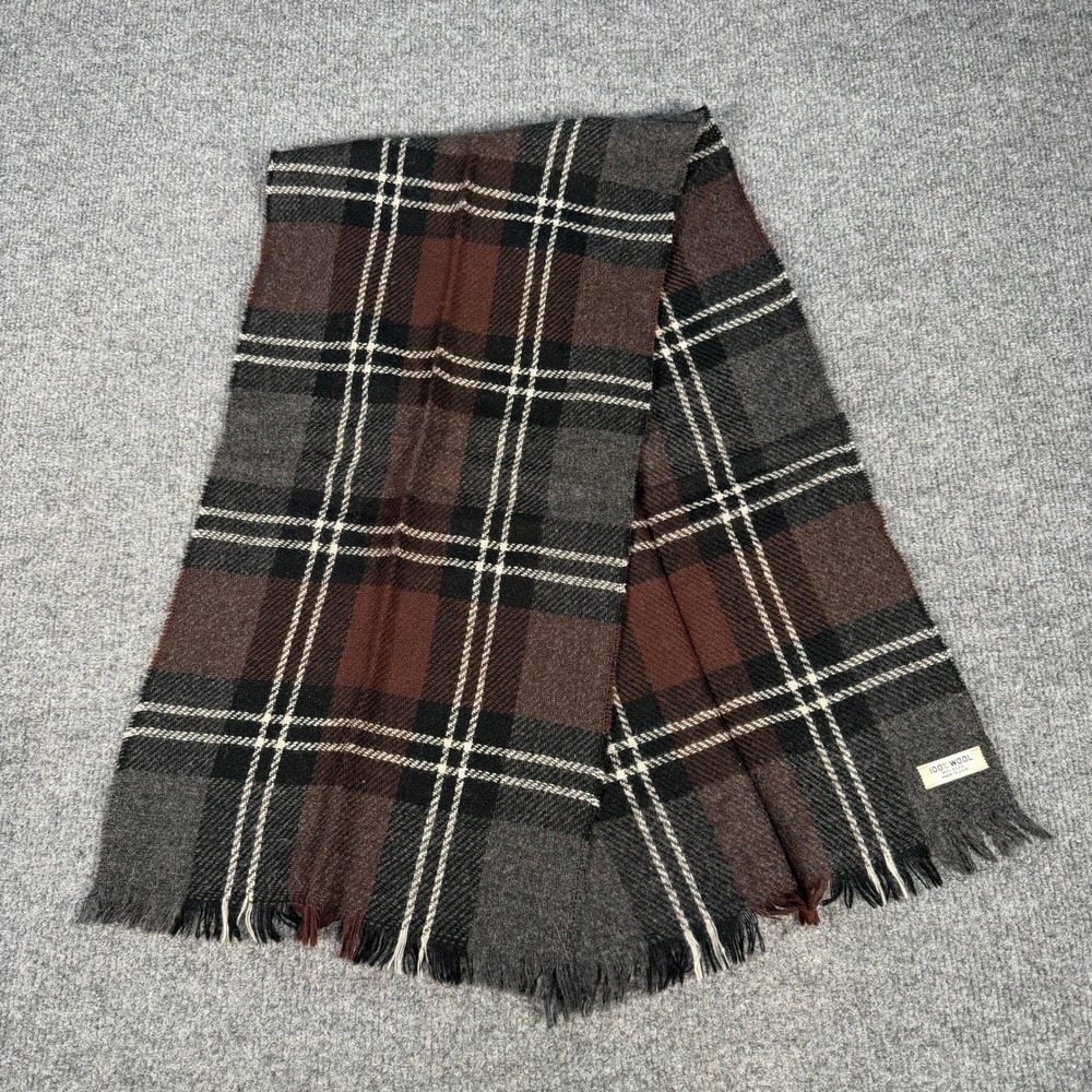 Vintage 100% Wool Plaid Scarf Made in USA Brown WPL 5328 Fringed Winter #4476